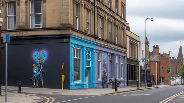 sydamellinen aiti ja lapsi -maalaus kaupungin kadunkulmassa lataa