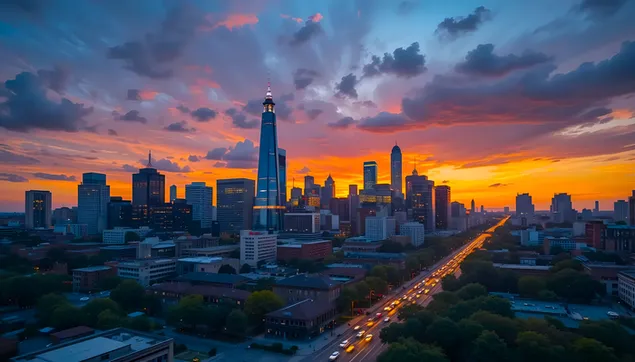 พระอาทิตย์ตกในเมือง: ตึกระฟ้า ท้องฟ้าสีสันสดใส และแสงไฟในเมือง 4K วอลเปเปอร์