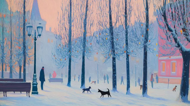 stedelijk wintertafereel met figuren en honden in de sneeuw download