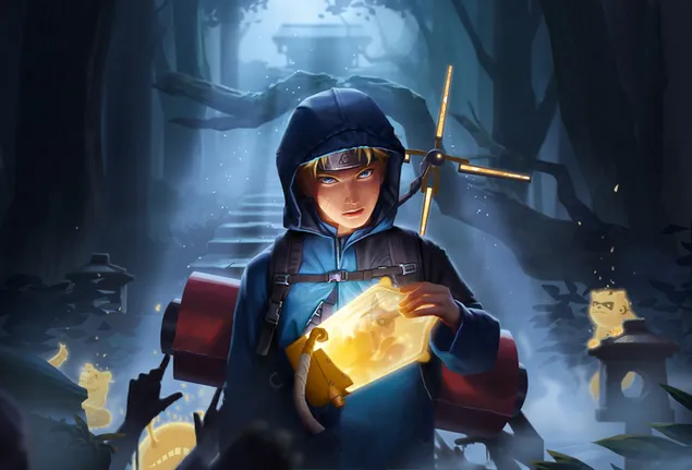 Páipéar balla Uzumaki ag scaoileadh naonúr linbh as cás gloine2K