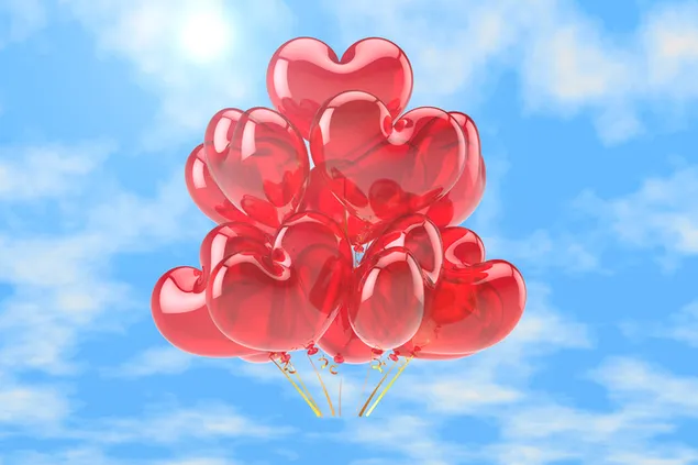 Valentinstag - künstlerische Herzballons im blauen Himmel 2K Hintergrundbild