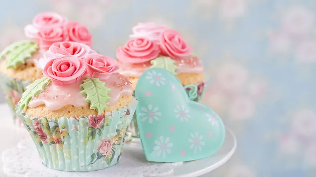 バレンタインデー - 青いハートとカップケーキのデコレーション ダウンロード