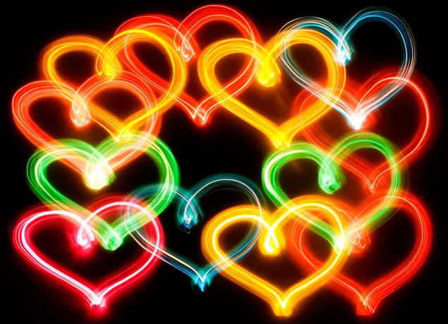 Día de San Valentín - corazones de luces de neón de colores 2K fondo de pantalla