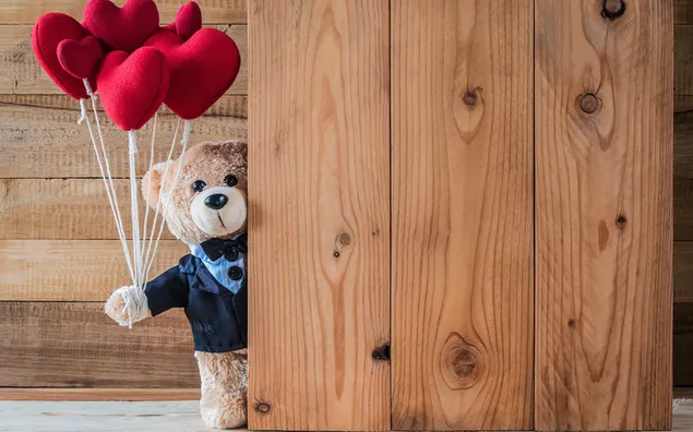 Valentijnsdag - schattige teddybeer met hartballonnen 2K achtergrond