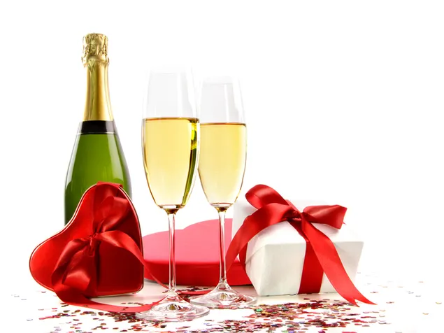 Valentine's day - gifts and champagne drinks 2K wallpaper