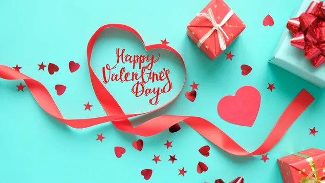 Valentine's day gifts and decorations on blue background 4K wallpaper