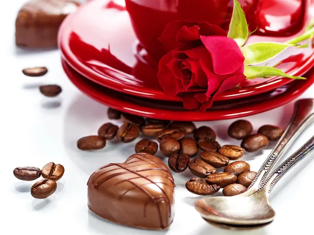 バレンタインデー-ハートチョコレートとコーヒー豆