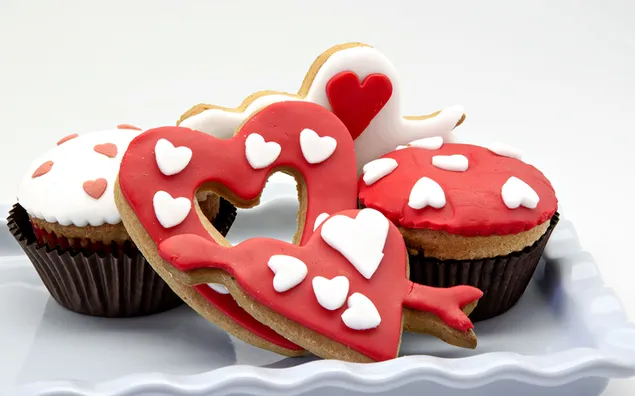 발렌타인 데이 - 하트 쿠키와 컵케이크 2K 배경화면