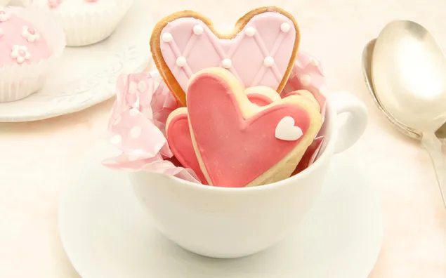 バレンタインデー - カップのハート クッキー 2K 壁紙