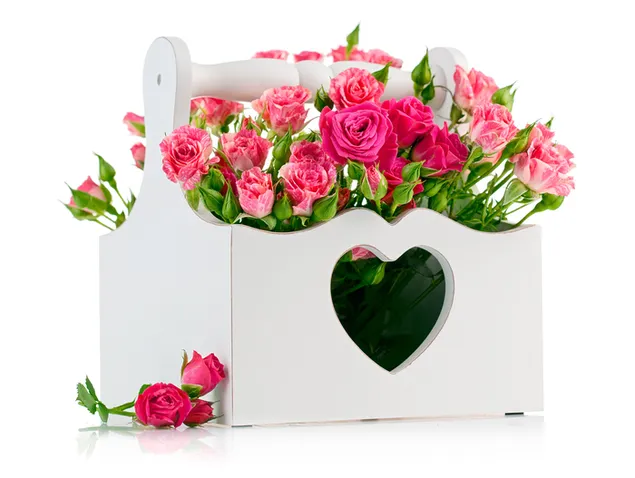 バレンタインデー - 木製の箱にピンクのバラ