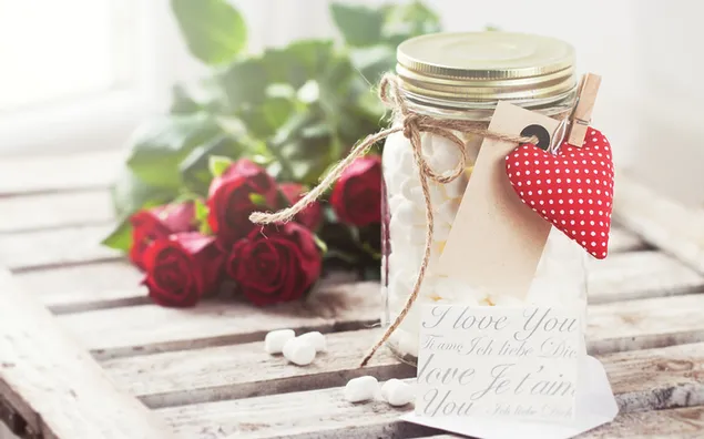 วันวาเลนไทน์ - ตกแต่งโถกุหลาบและมาร์ชเมลโล่ 2K วอลเปเปอร์