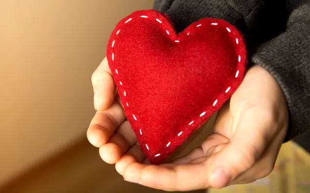 Día de San Valentín - corazón rojo cosido en las manos