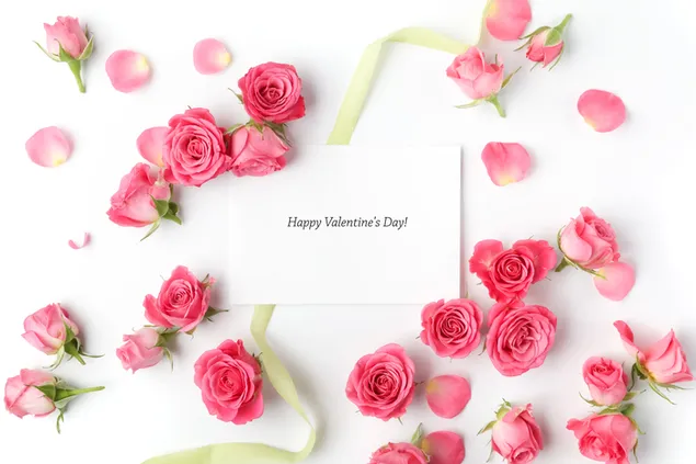 Valentinstag - Valentinstagswunsch mit rosafarbener Rosendekoration 4K Hintergrundbild