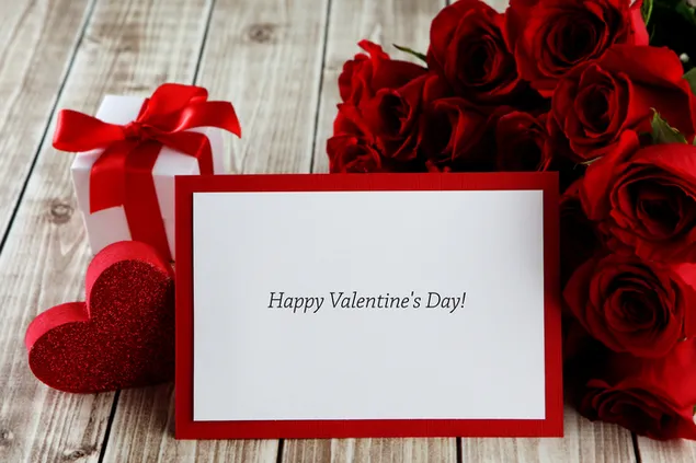 Valentijnsdag - valentijnswensen en boeket met rode rozen 4K achtergrond