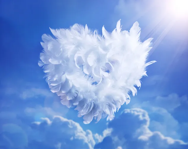Valentine's day - White feathers heart in the sky 6K wallpaper