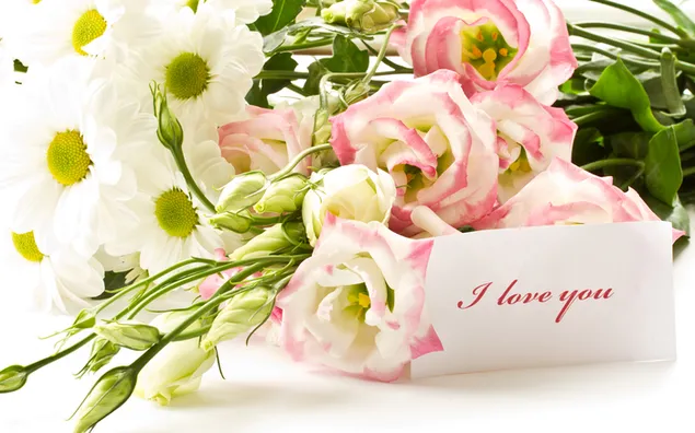 Día de San Valentín - ramo de flores blancas con nota de amor 2K fondo de pantalla