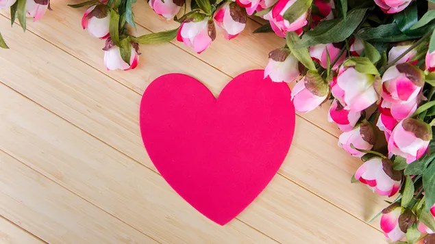 Valentinstag - rosafarbenes Herz ausgeschnitten und Rosendekoration