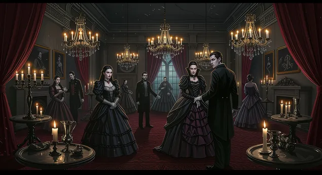 Ballo dei Vampiri: elegante sala da ballo gotica con vampiri, lampadari e decorazioni color cremisi illuminate da candele. 2K sfondo