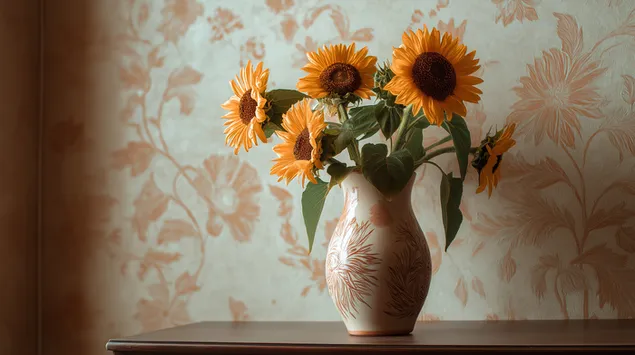 Páipéar balla Bláthanna Gréine Spreagtha ag Van Gogh i Vása ar Bhord Adhmaid2K