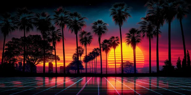 vaporwave estetiese sonsondergang met palmboom silhoeette en rooster aflaai