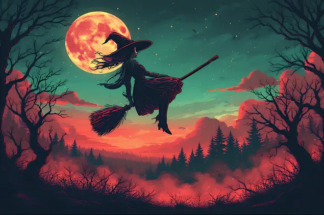 descarcare vrajitoare zburand pe o coada de matura peste o padure bantuita, luna neon stralucitoare, estetica retro synthwave vaporwave.