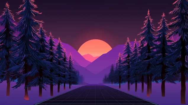 Taustakuva Vaporwave-auringonlaskun valtatie geometrisen metsämaiseman läpi 2K