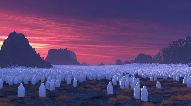 groot vergadering van wit figure op verre vreemde planeet aflaai