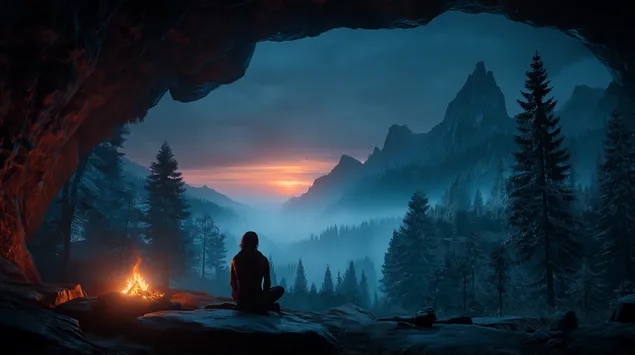 Platus kalnuotas vaizdas pro ugnies apšviesto urvo įėjimą 2K ekrano užsklanda