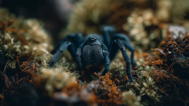 Baršunasti pauk na mahovinom prekrivenom šumskom tlu - zamršeni prirodni krupni plan 2K pozadina