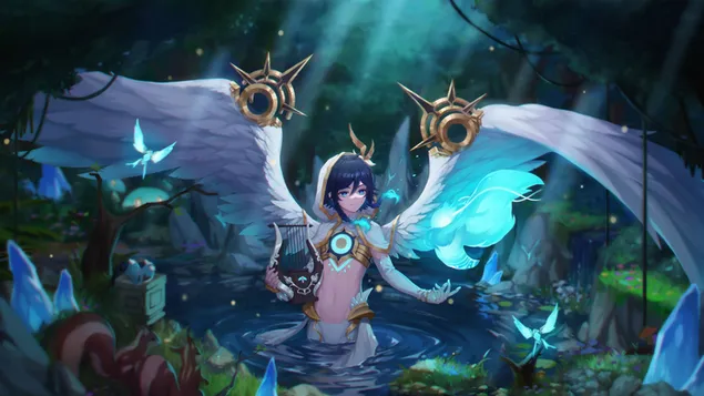 venti nimmt mit geoffneten flugeln ein bad im wasser | genshin impact herunterladen