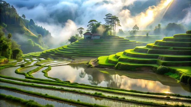 霧の朝、緑豊かな木々と水面に映る広大な棚田 4K 壁紙