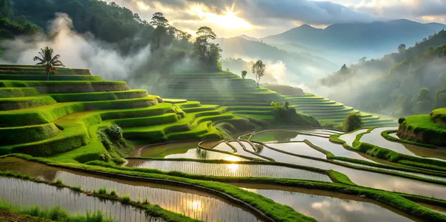 雾蒙蒙的早晨，梯田翠绿，水面倒映，绿树成荫 4K 壁纸