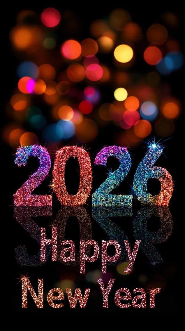muat turun tahun baharu 2026 yang meriah dengan teks berkilauan dan cahaya bokeh