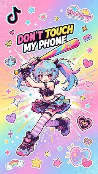 ziva anime divka s baseballovou palkou a textovou ilustraci s napisem ,,nesahej na muj telefon'' stahnout
