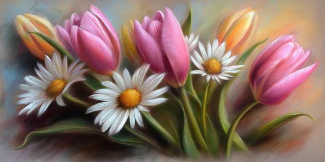 yarkaya kompozitsiya iz tyul'panov i romashek skachat'