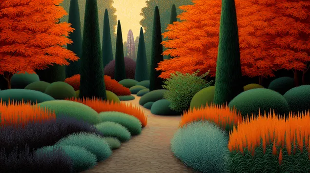 Jalan Setapak Taman Musim Gugur yang Semarak dengan Pohon-pohon Kerucut 2K wallpaper