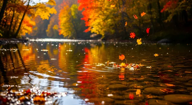 zivahno jesenje lisce pada u mirnu rijecnu scenu preuzmi