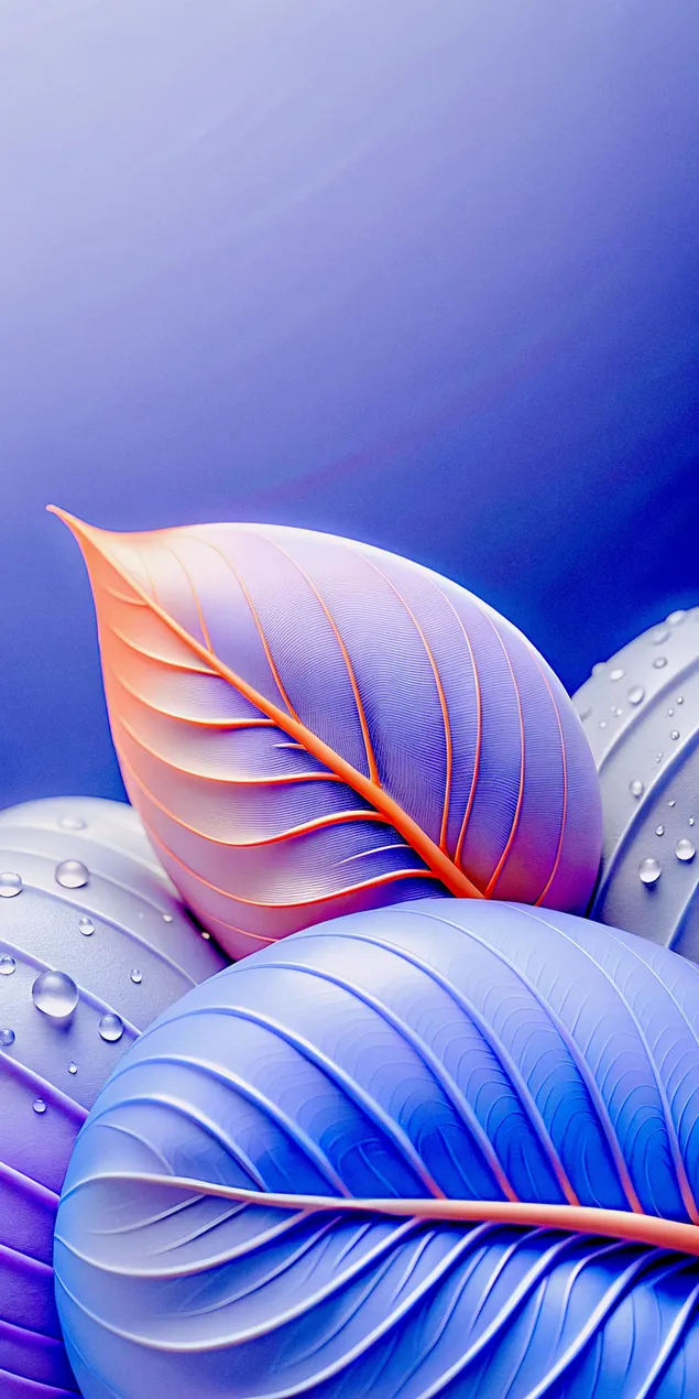 Helder herfsblare met waterdruppels in sagte pers en blou skakerings 2K muurpapier