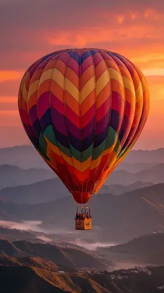 zivahni balon lebdi iznad maglovitih planinskih vrhova u zalazak sunca preuzmi