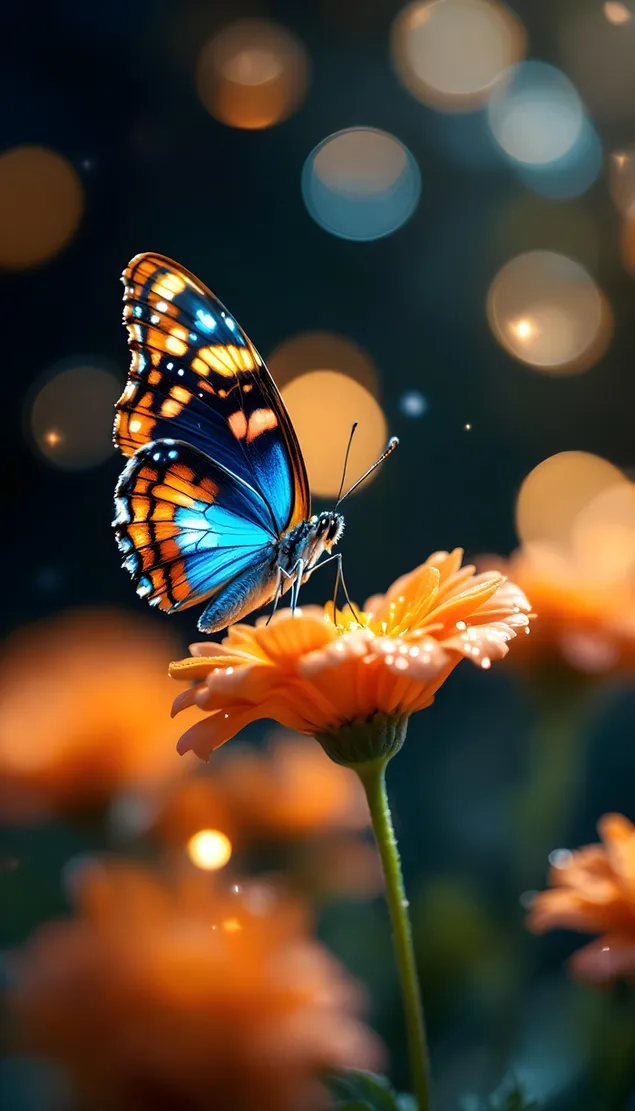 Żywy niebieski i pomarańczowy motyl odpoczywający na jasnopomarańczowym kwiecie 2K tapeta
