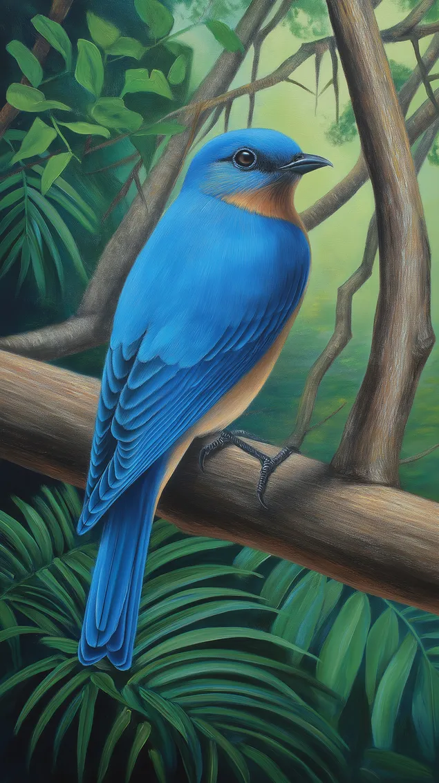 lewendige blouvoel sit te midde van welige groen blare-illustrasie aflaai