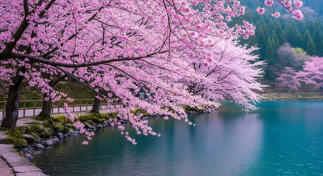 zivahni cvjetovi tresnje u punom cvatu graciozno se nadvijaju nad mirnim tirkiznim jezerom, stvarajuci miran i slikovit proljetni krajolik preuzmi