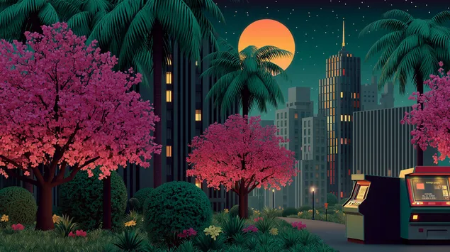 Levande stadslandskap med palmer och arkadmaskiner 2K bakgrund