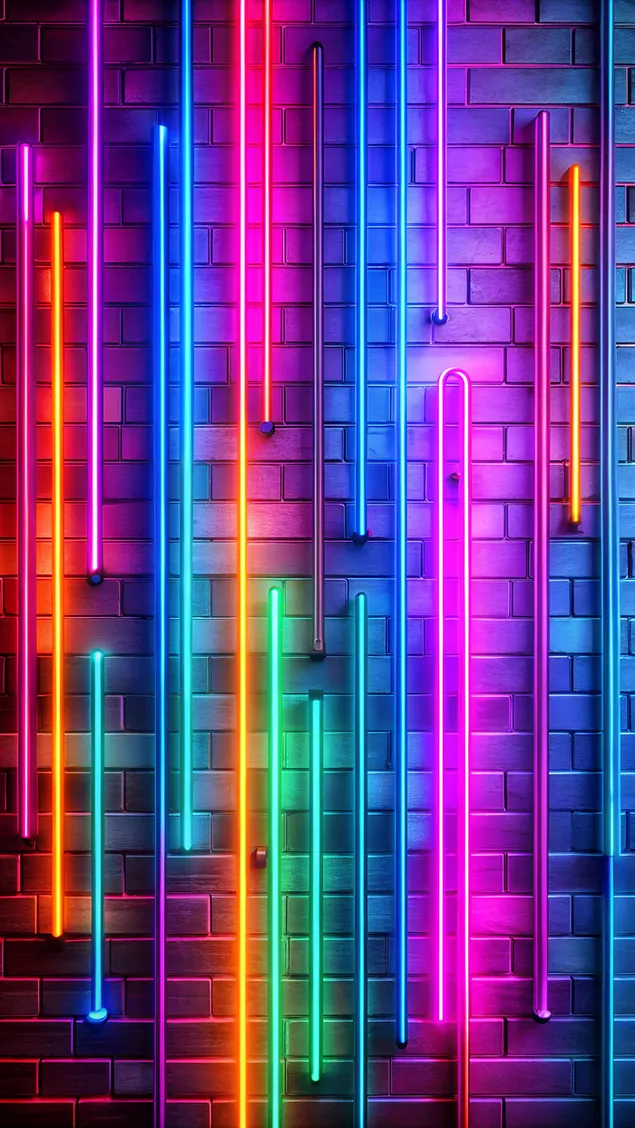 Spalvingos 3D neoninės linijos ant plytų sienos 4K ekrano užsklanda
