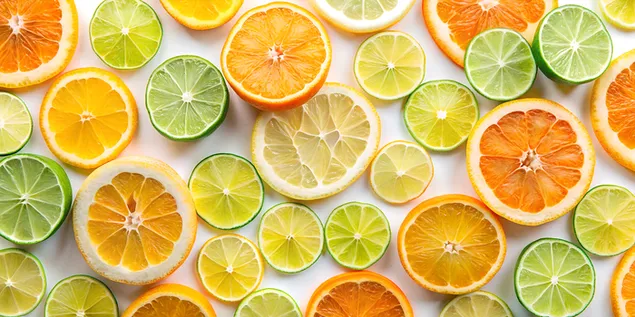 Tapeta Živé barevné plátky citrusových plodů včetně limetek a pomerančů ideální pro kulinářské nebo zdravotní motivy 4K