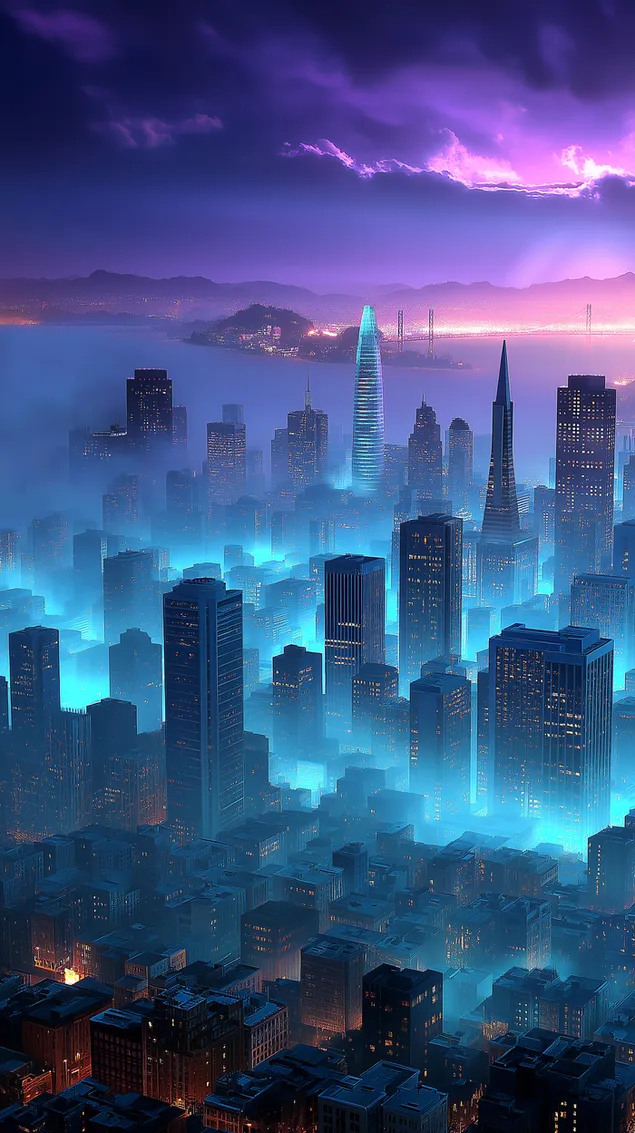 paysage urbain cyberpunk dynamique au crepuscule avec une brume de neon telechargement