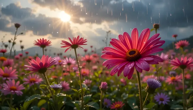 雨后夕阳天空下鲜艳的雏菊 4K 壁纸