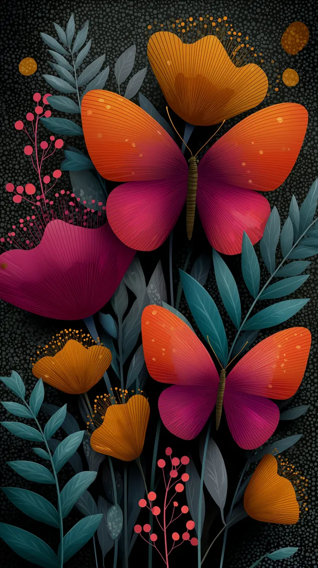 Živahni metulji v obliki risb sredi stilizirane listnate umetnosti HD ozadje