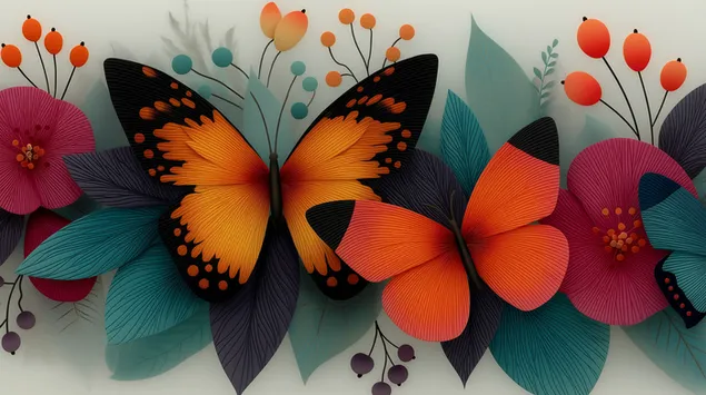 Živahni metulji med bujnimi botaničnimi elementi 2K ozadje