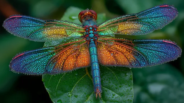 Tapeta Žiarivé krídla vážky: Detailný makrozáber na sviežom zelenom liste 2K